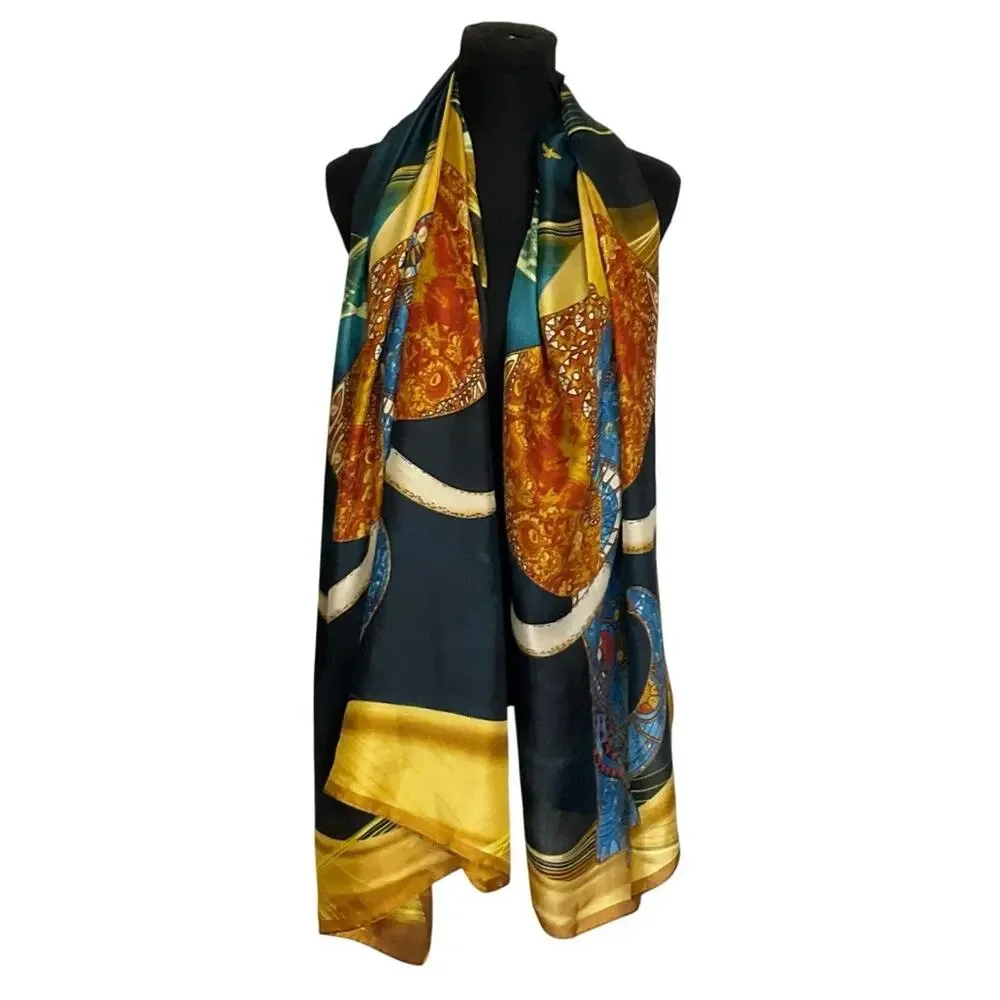 Oversized Elephant Scarf Blue Gold Satin Feel Polyester Wrap Shawl 35x69 Boho